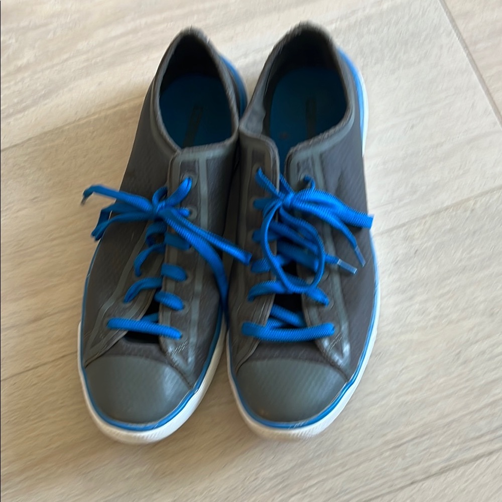 Gray Sneakers with Blue Laces